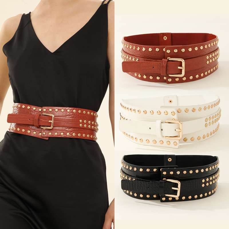 European And American Punk Style Riveted Waist Wrap Waist European And American Fashion Retro Elastic Elastic Decorative Wide Belt Women's Accessories Trench Coat Coat Sweater Specification drawing
