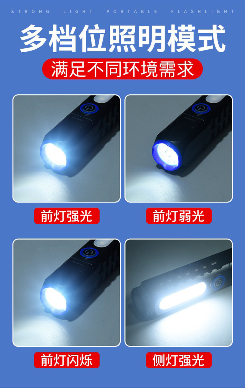 HS82205 plastic flashlight, side-lit COB flashlight, USB charging household flashlight, magnetic work light, illumination flashlight, portable high-intensity flashlight pic 3