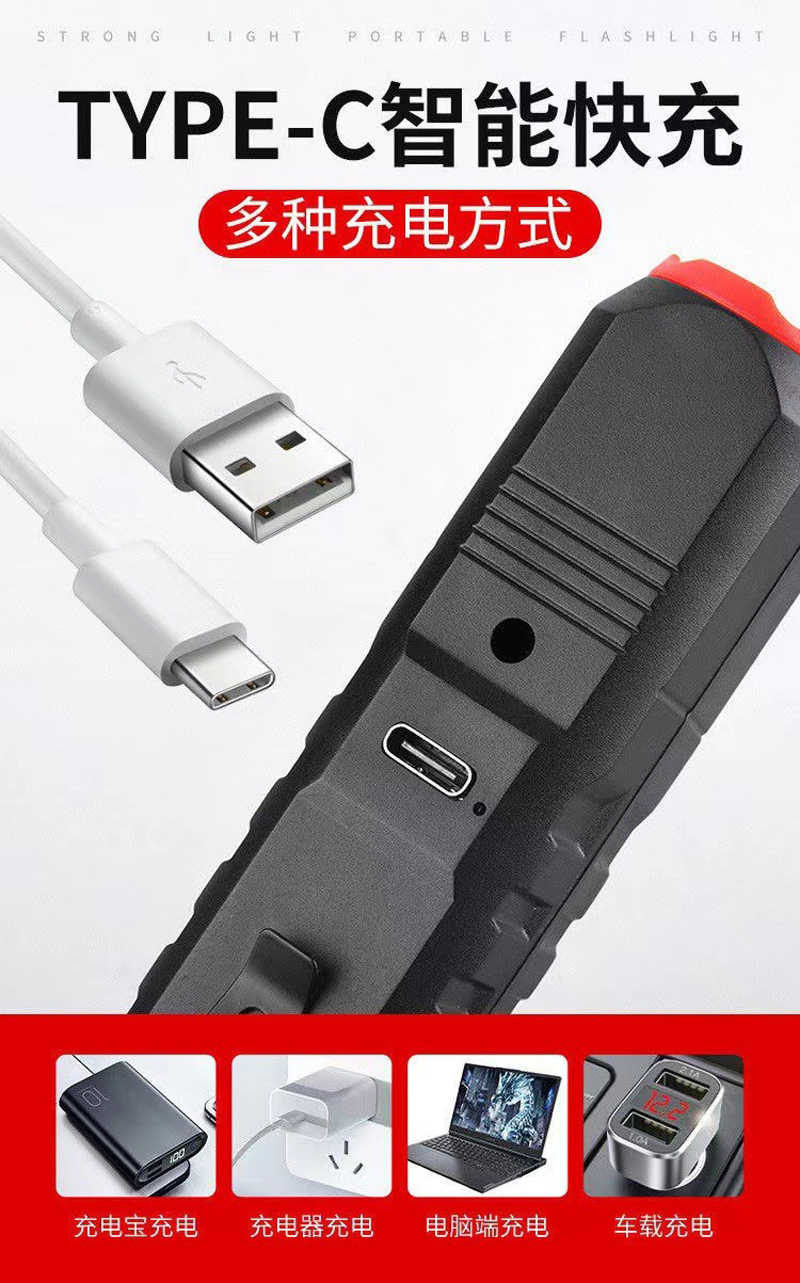 HS82205 plastic flashlight, side-lit COB flashlight, USB charging household flashlight, magnetic work light, illumination flashlight, portable high-intensity flashlight pic 7