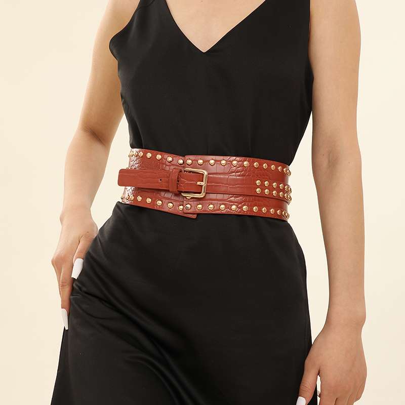 European And American Punk Style Riveted Waist Wrap Waist European And American Fashion Retro Elastic Elastic Decorative Wide Belt Women's Accessories Trench Coat Coat Sweater undefined