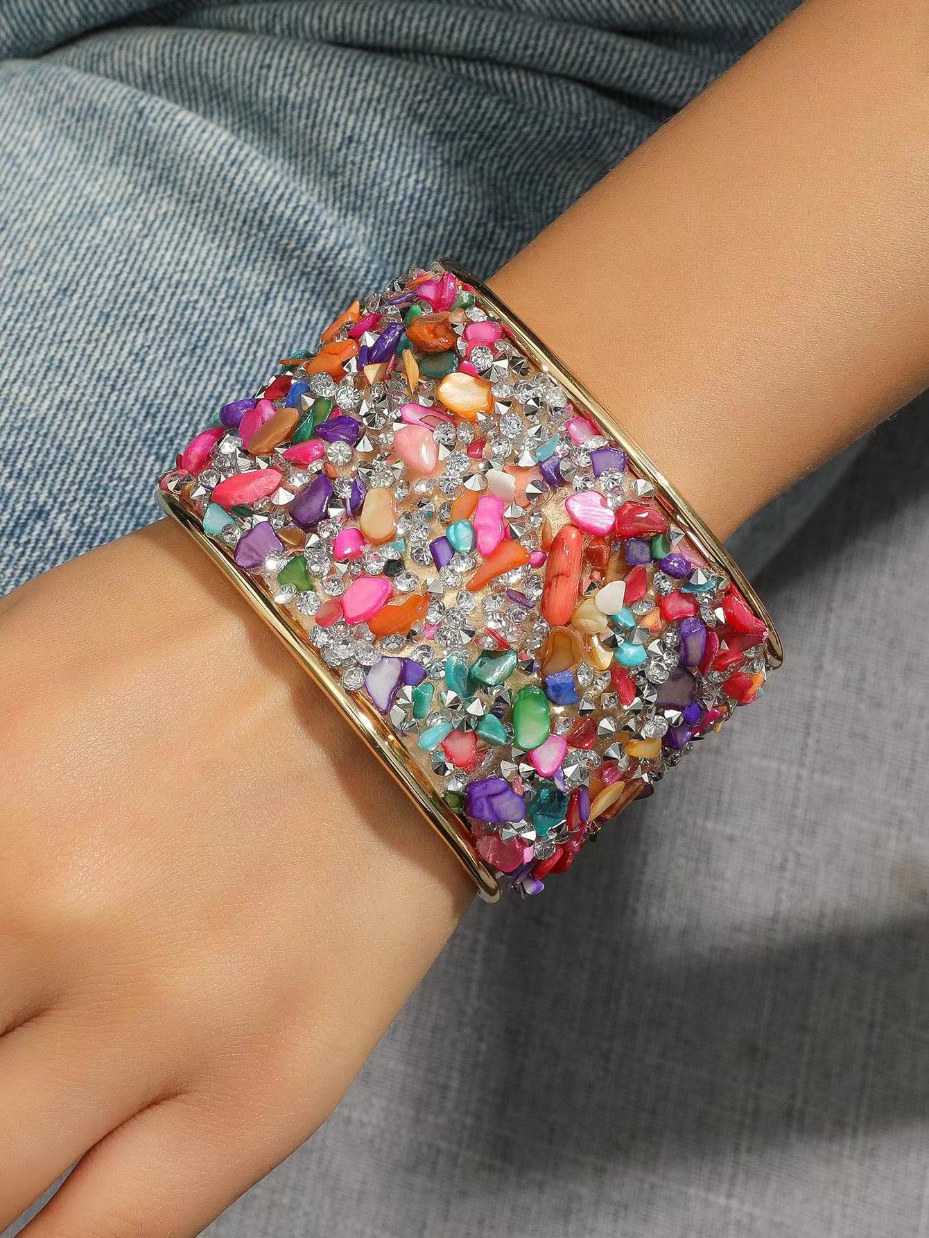 Cross-border Amazon Siyin's best-selling Bohemian-style metal, diamond, rough stone and shell inlaid, shining wide opening C-shaped women's bracelet Specification image