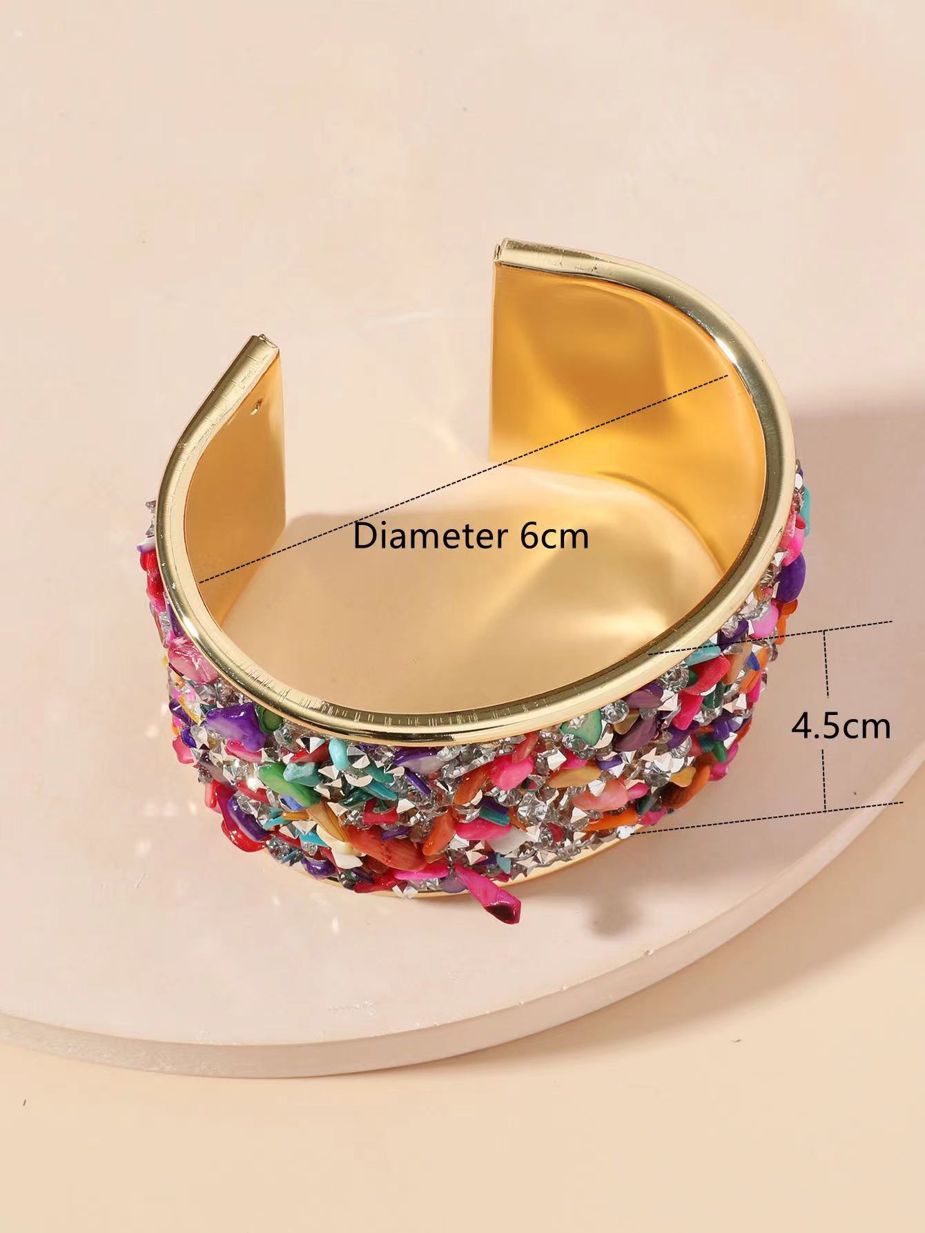Cross-border Amazon Siyin's best-selling Bohemian-style metal, diamond, rough stone and shell inlaid, shining wide opening C-shaped women's bracelet Item Picture