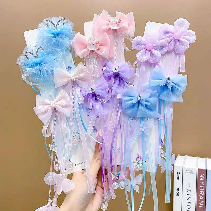 Children's Hanfu ancient-style headwear, sweet flower tassels, ribbon hair clips, girls' super fairy-like bow hair accessories, girls'