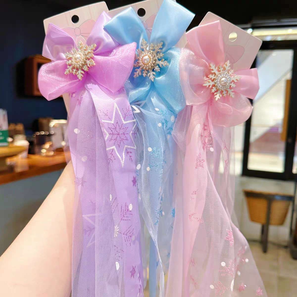 Jiarui Baby 2023 Summer New Style Children's Hair clips, headscarves, snowflake bows, veil, princess, little girl press clips, top clips, girls' headscarf accessories