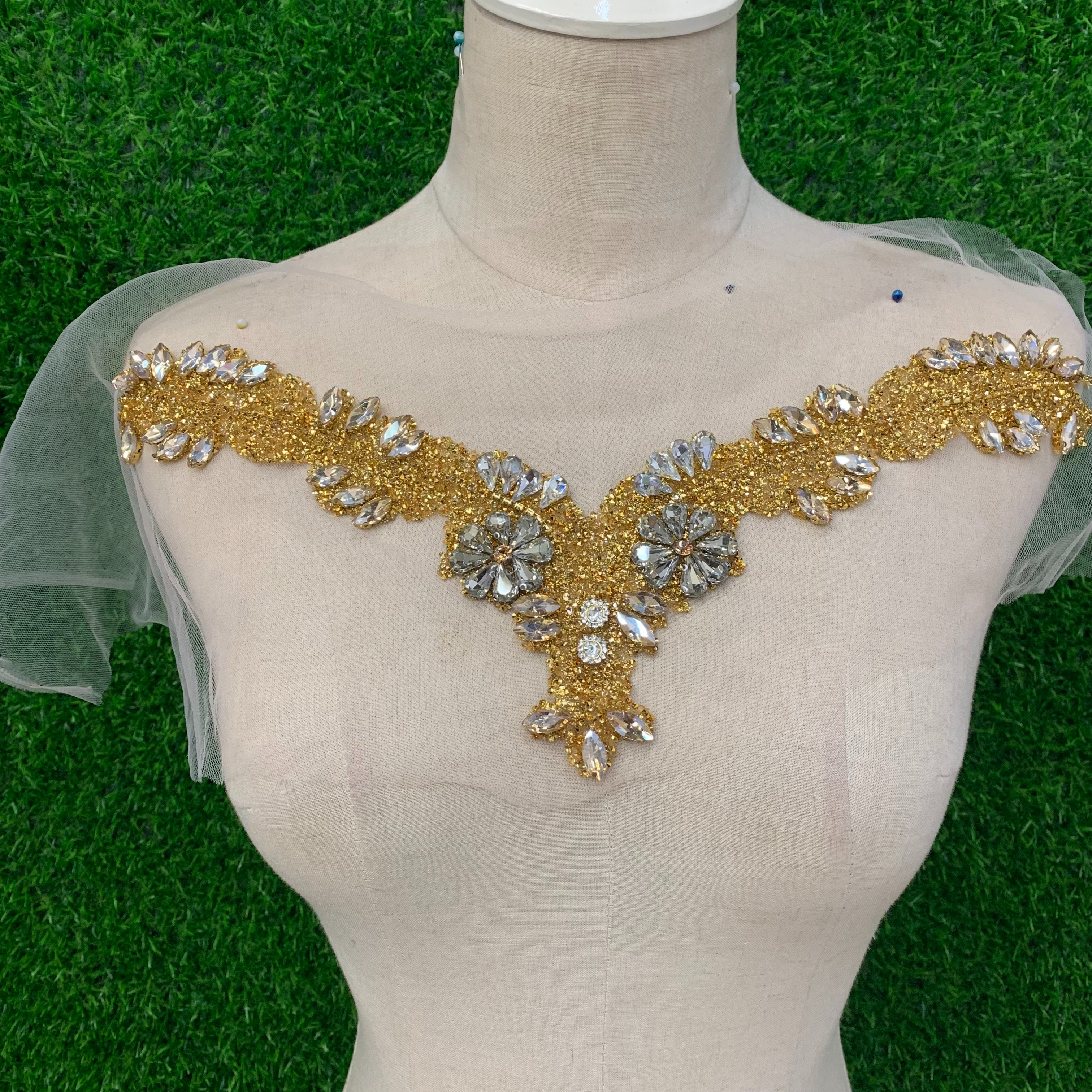 Self-adhesive, beaded, rhinestone, neckline, waist, applique, bridal dress, formal wear, accessories and accessories