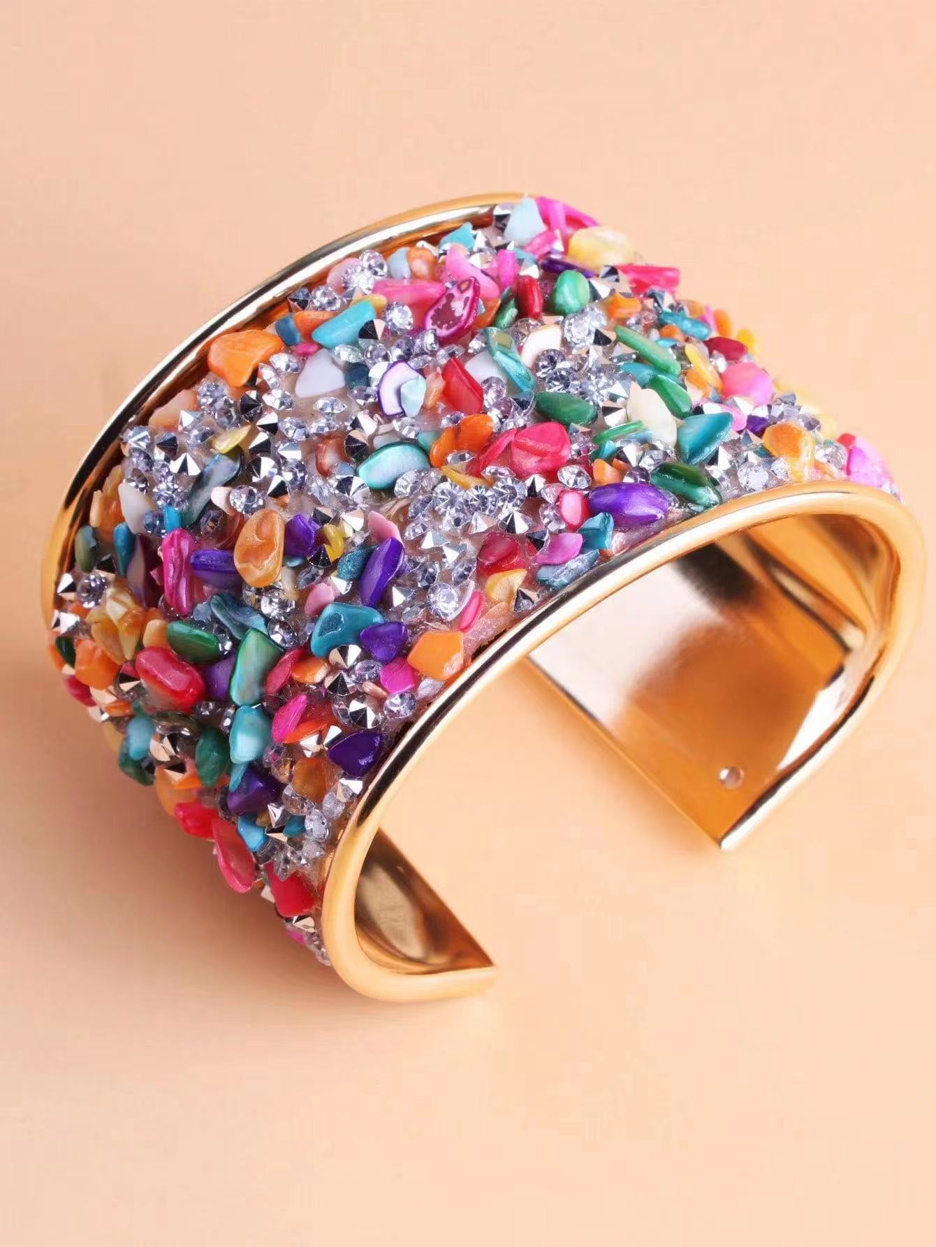 Cross-border Amazon Siyin's best-selling Bohemian-style metal, diamond, rough stone and shell inlaid, shining wide opening C-shaped women's bracelet
