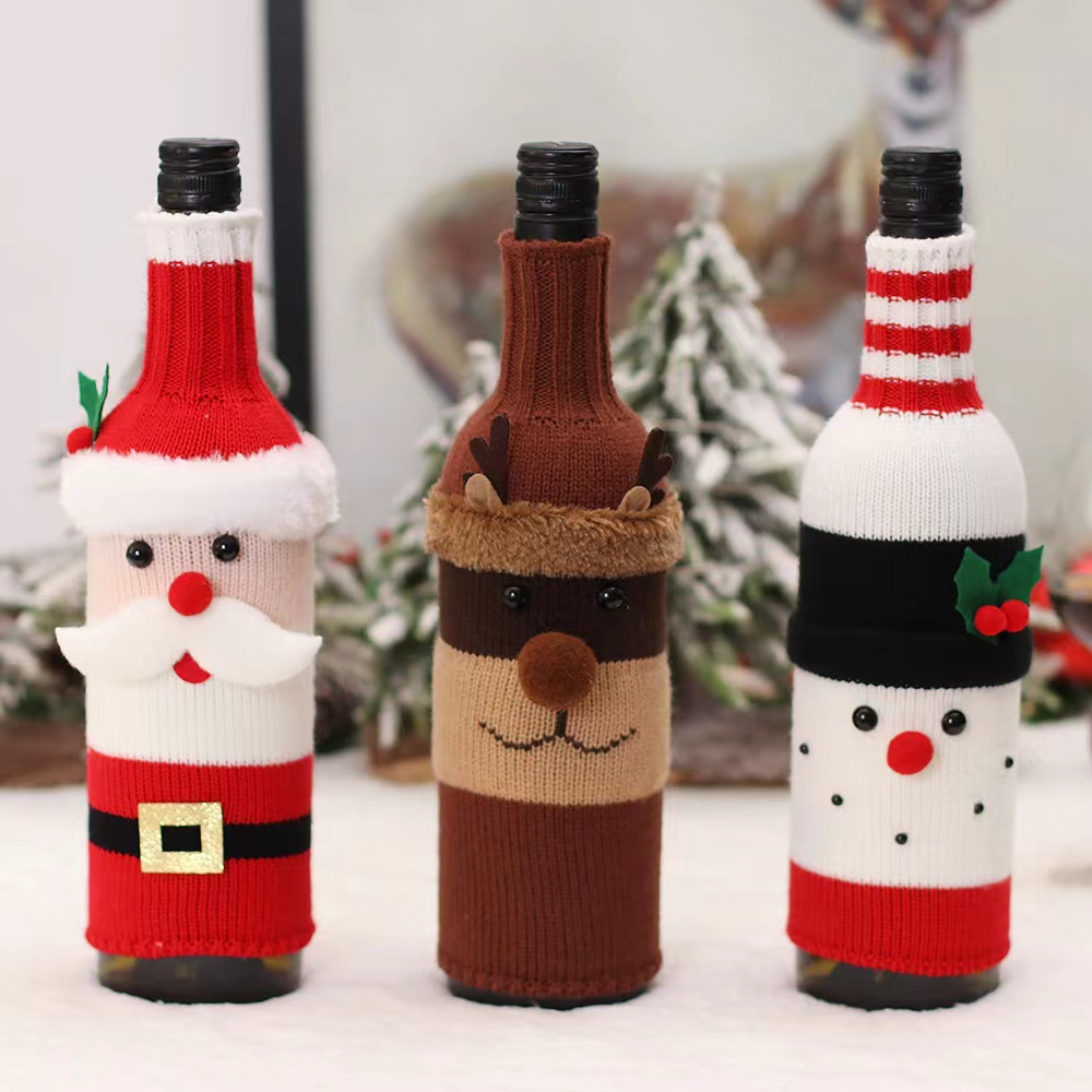 圣诞酒瓶套收定金装饰卡通针织老人雪人酒套节日餐厅布置装扮图
