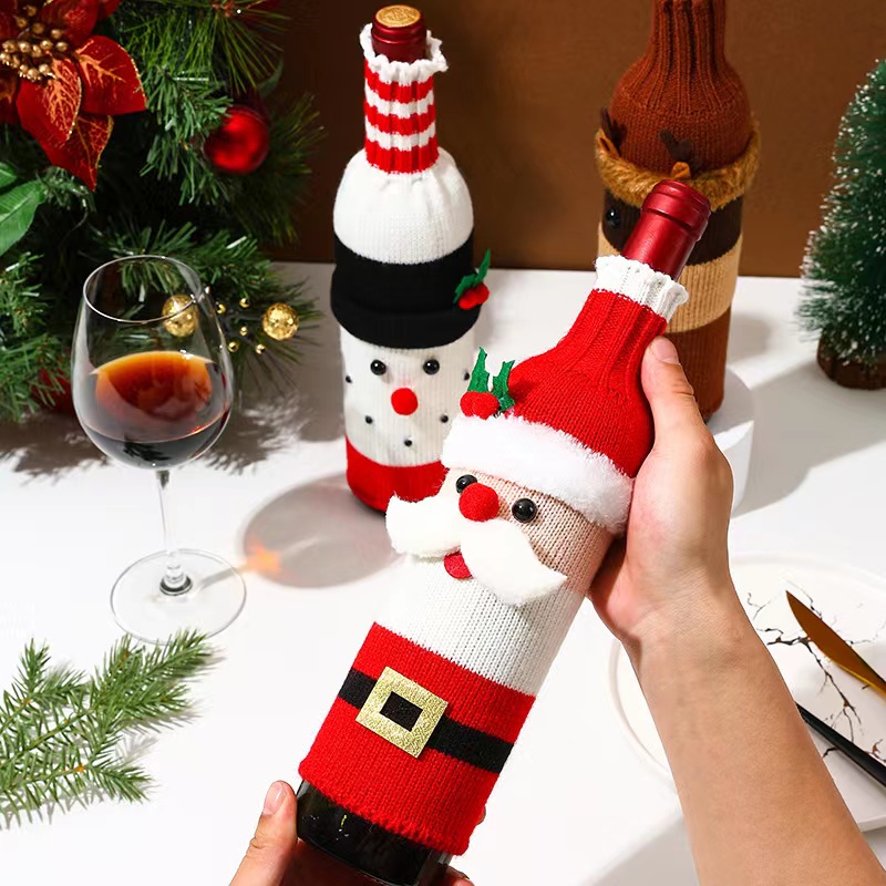 圣诞酒瓶套/圣诞针织酒套/圣诞餐厅布置/卡通酒套白底实物图