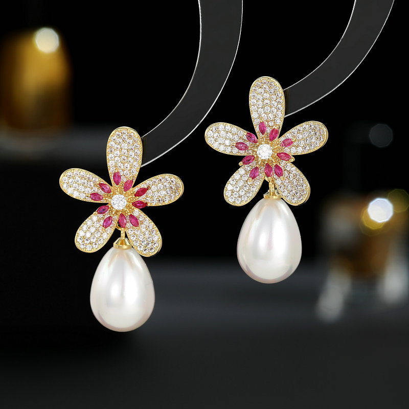 s925 Silver needle fashion new light luxury wind earrings French sweet intellectual elegant flower drop shaped pearl earrings