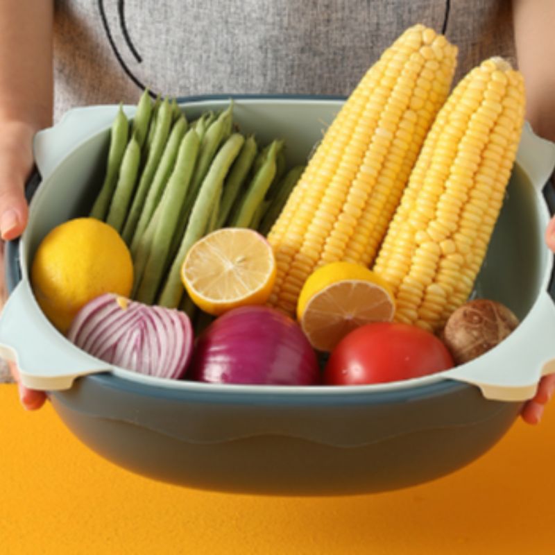 创意双层加厚沥水篮家用厨房塑料多功能镂空沥水篮蔬菜水果清洗篮0779-1