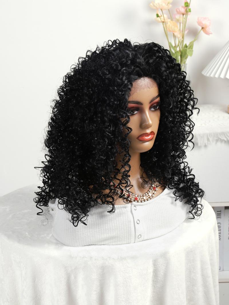 Amazon's new product, a black African synthetic fiber small curly hair wig with a lace T-shaped net cap for women's front, newlook Application Scenario