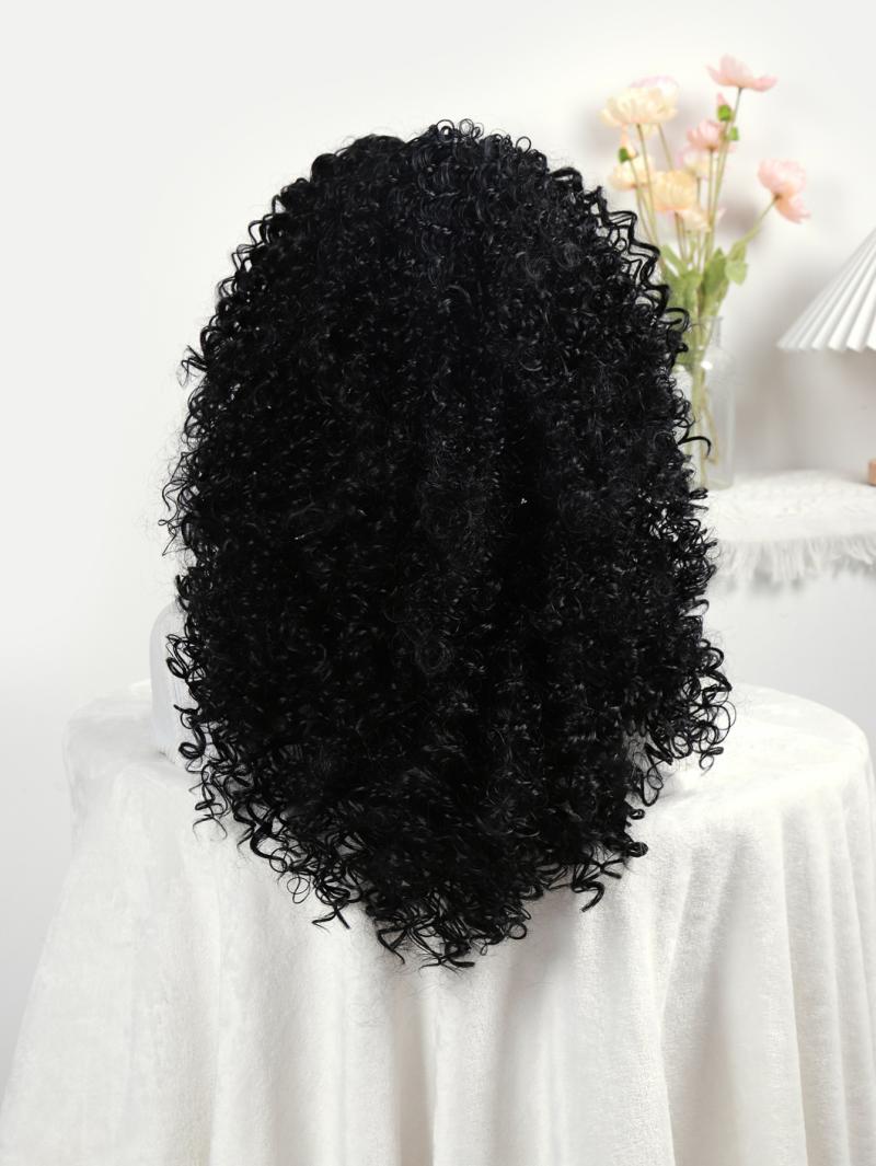 Amazon's new product, a black African synthetic fiber small curly hair wig with a lace T-shaped net cap for women's front, newlook Item Picture