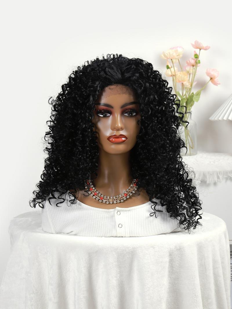 Amazon's new product, a black African synthetic fiber small curly hair wig with a lace T-shaped net cap for women's front, newlook details Picture