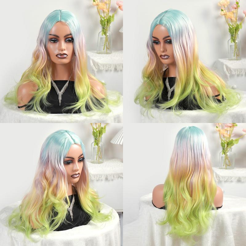 亚马逊新品欧美假发女渐变色彩色化纤中分长卷发假发套newlook