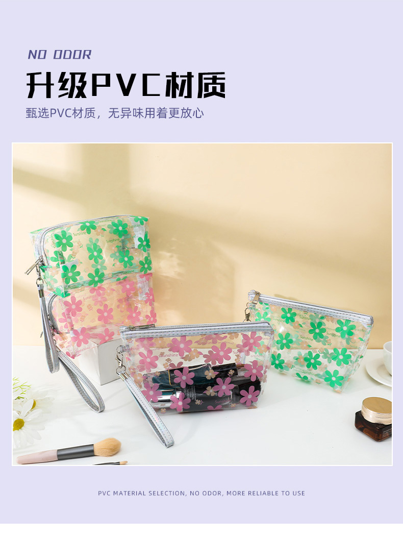 2023新款PVC化妆包防水版权图太阳花手拿包透明化妆袋详情3