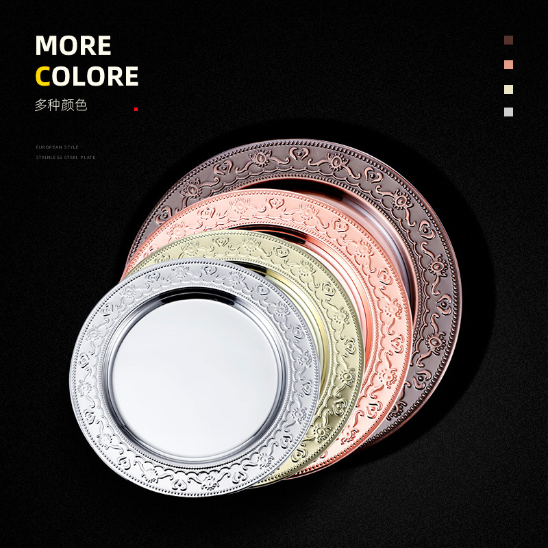 Stainless steel plates, round craft plates, electroplated fruit plates, barbecue plates, display plates, European-style stainless steel plates, Western-style steak plates, empress plates, mirror plates, plates, stainless steel plates details Picture