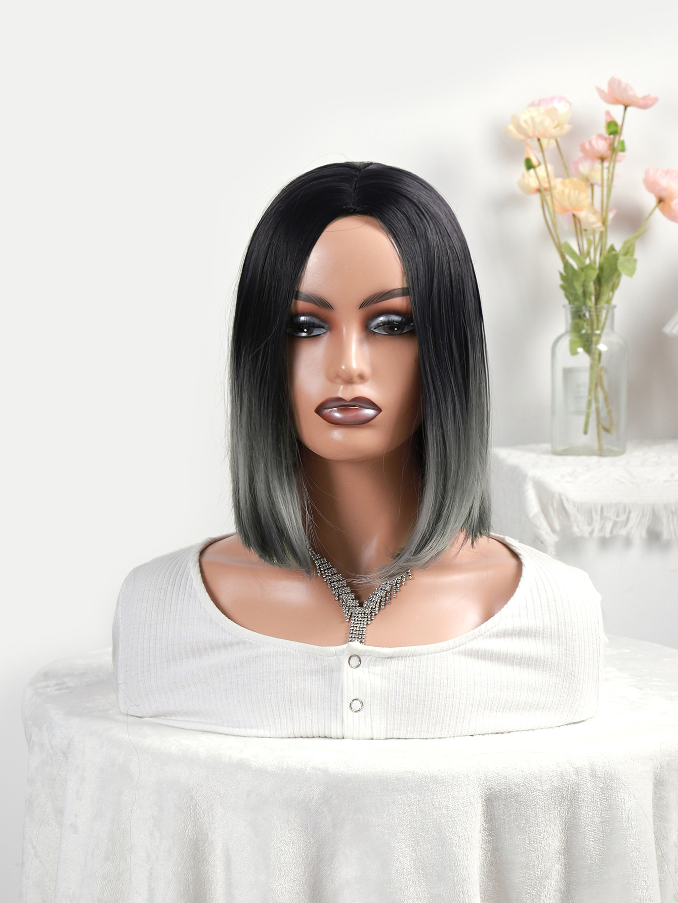 European and American cross-border straight hair matching color long vacation hair dyeing Bob wig high-temperature silk chemical fiber wig hair wigs details Picture