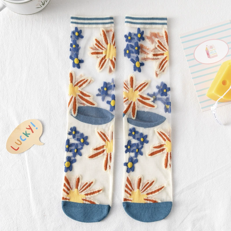 夏季薄款玻璃丝网红日系袜子女 卡丝花卉中高筒棉袜ins潮袜子批发 详情图2