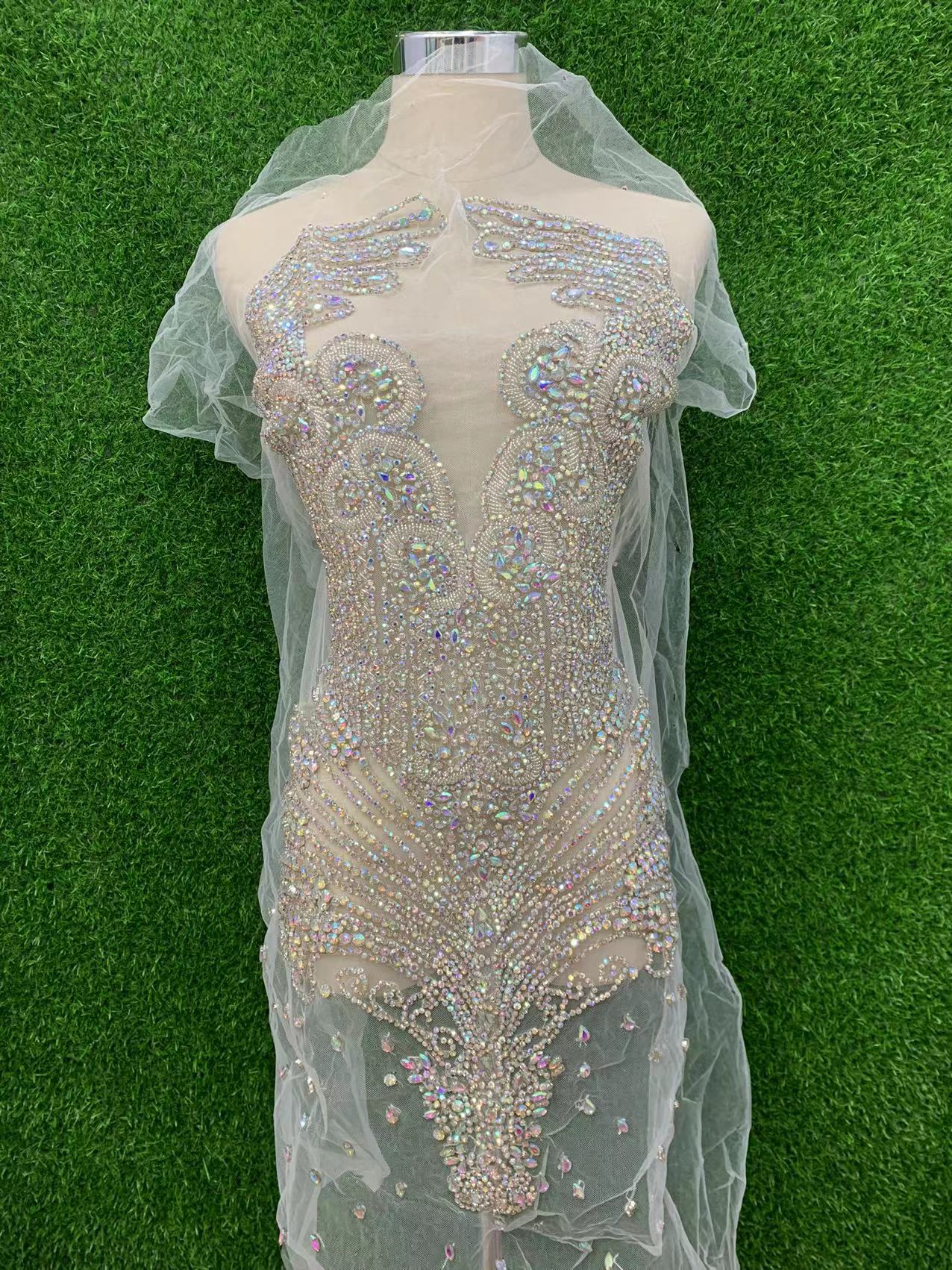Gold front hand-stitched beaded wedding dress brooch with mesh applique pic 8