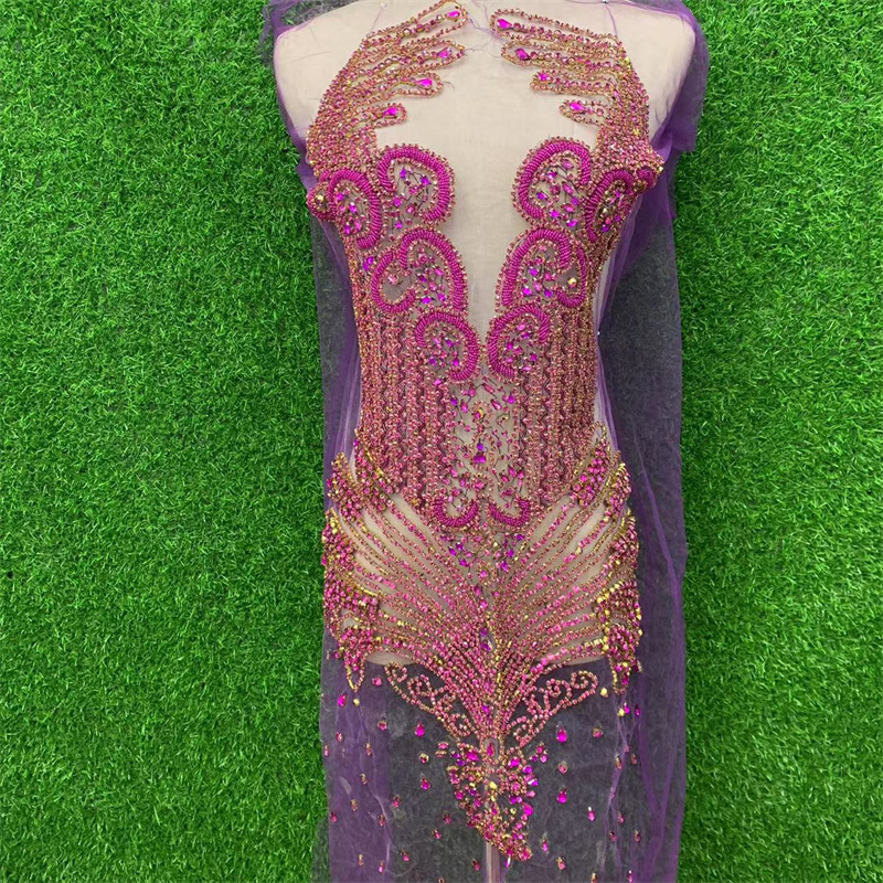 Gold front hand-stitched beaded wedding dress brooch with mesh applique