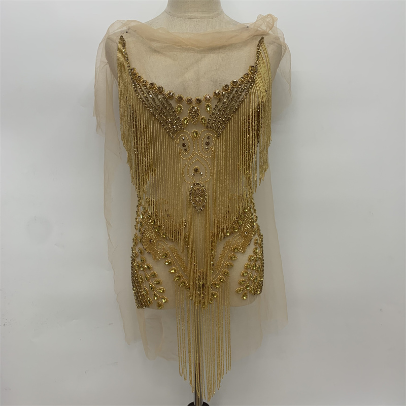 Heavy industry gold front panel with beaded applique tassel mesh applique