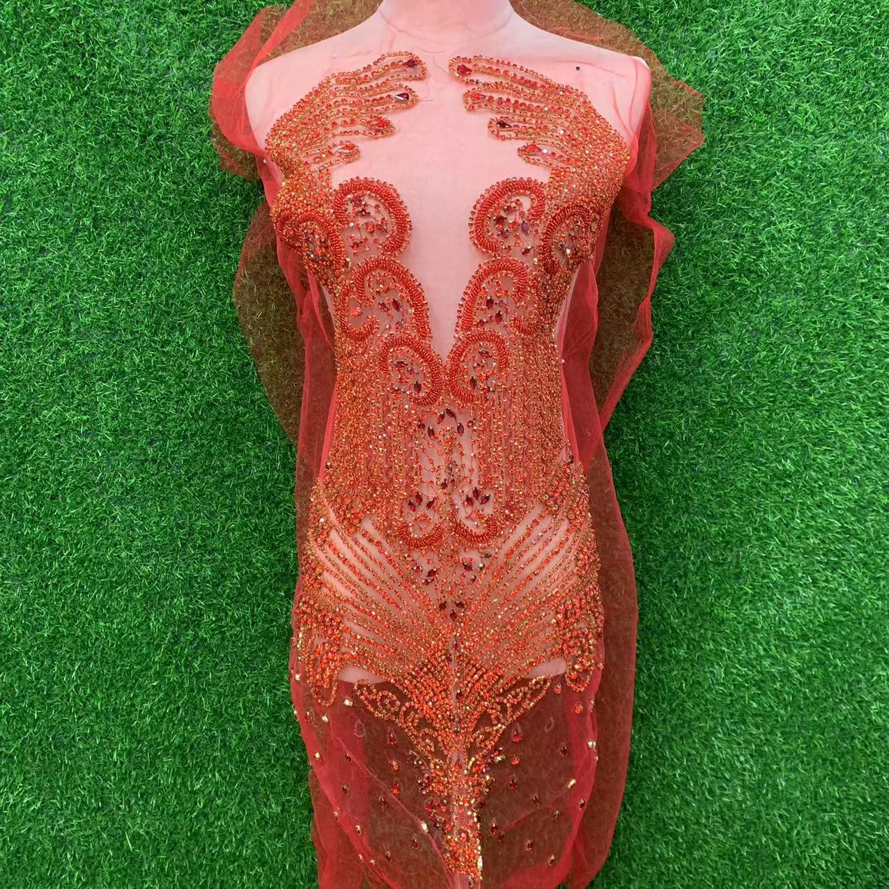 Gold front hand-stitched beaded wedding dress brooch with mesh applique pic 6