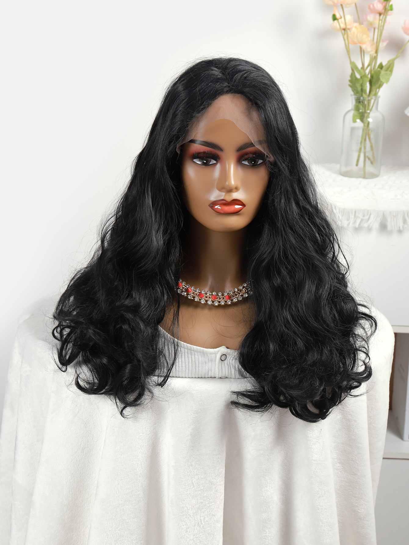 Cross-border European and American wigs, women's fashionable synthetic fiber headwear, black fluffy long curly hair, factory direct sales newlook details Picture