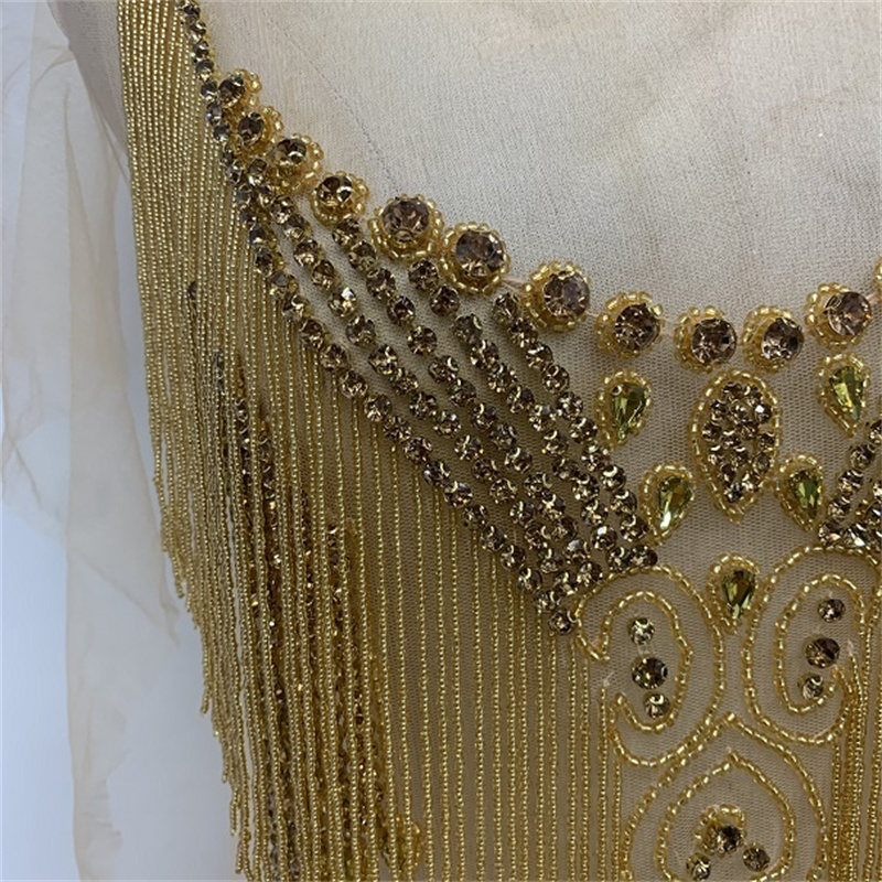 Heavy industry gold front panel with beaded applique tassel mesh applique Specification image