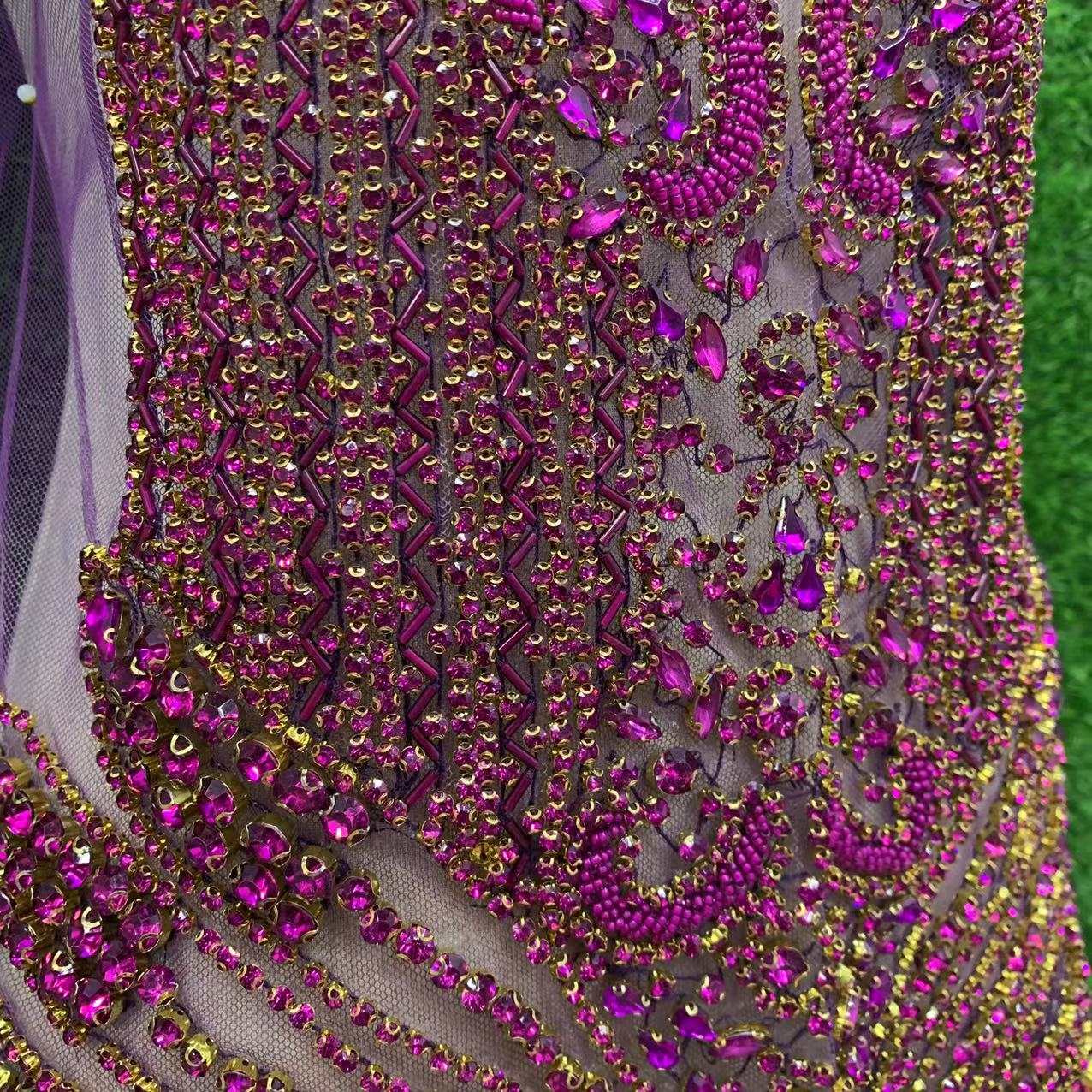 Gold front hand-stitched beaded wedding dress brooch with mesh applique pic 12