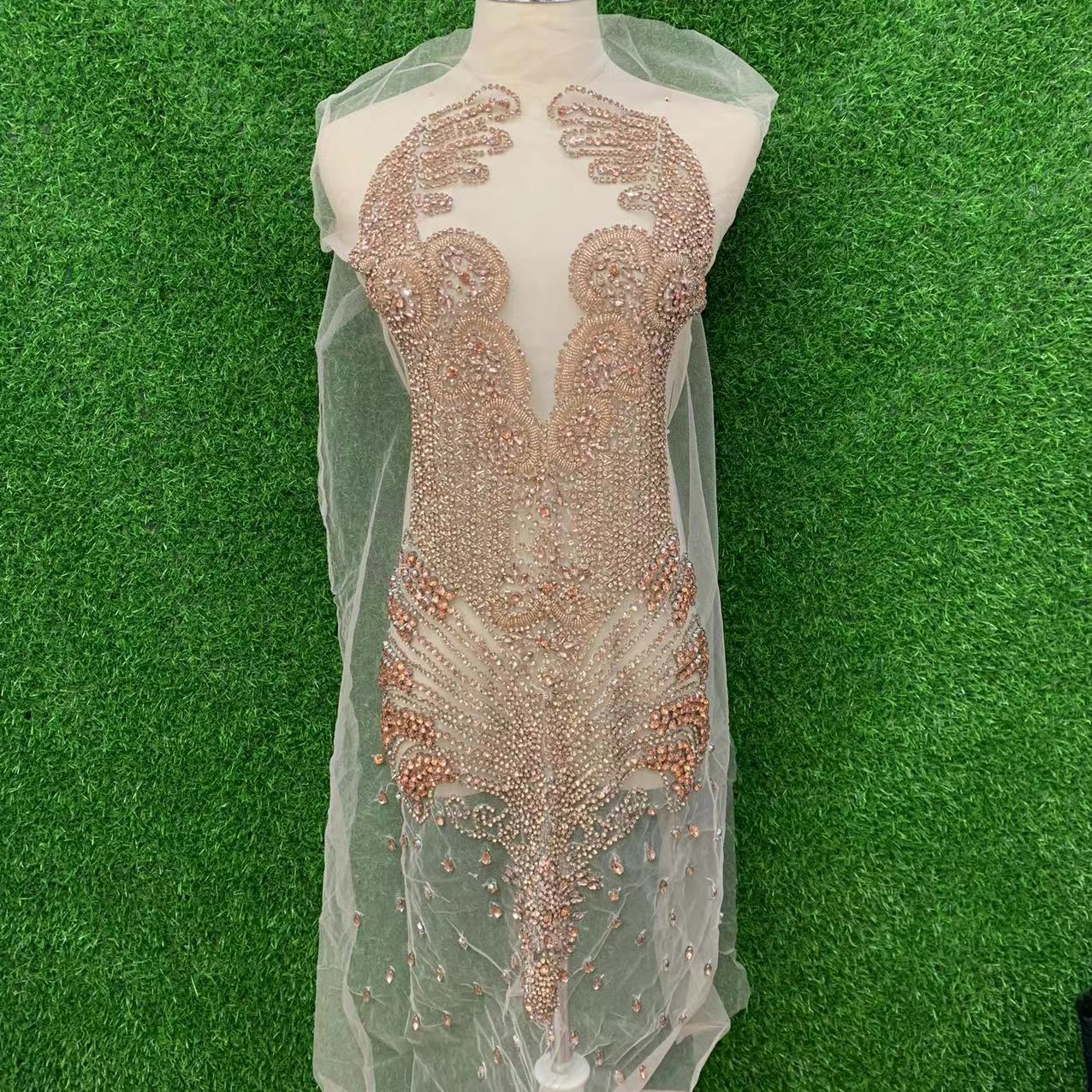 Gold front hand-stitched beaded wedding dress brooch with mesh applique pic 4