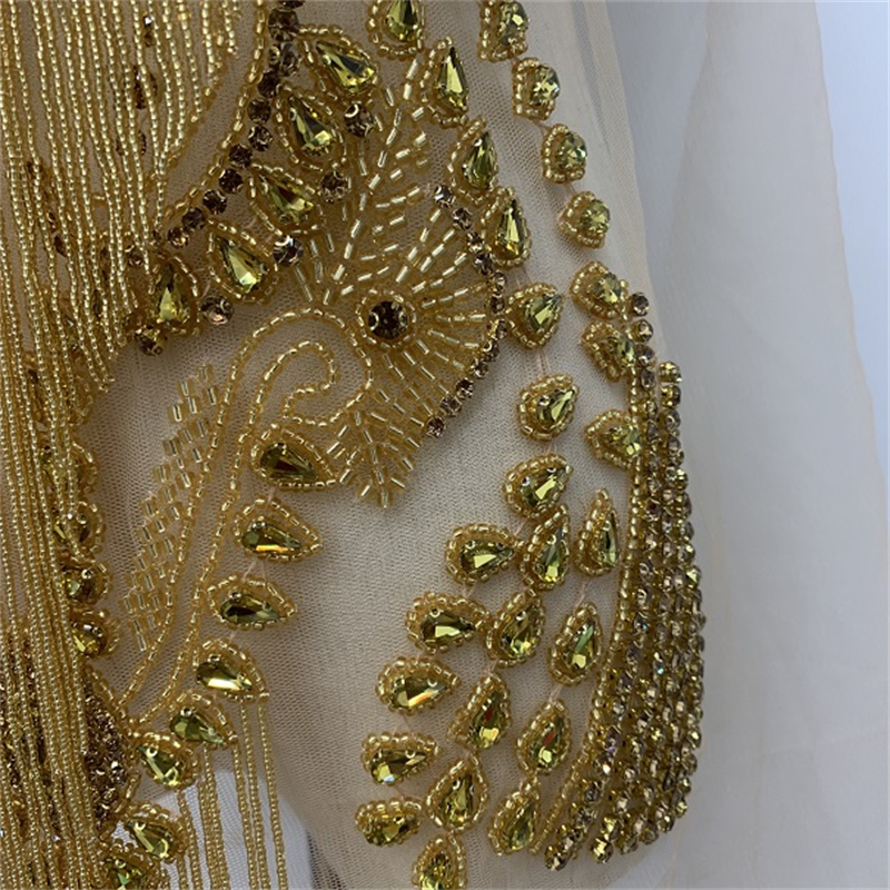 Heavy industry gold front panel with beaded applique tassel mesh applique Application Scenario