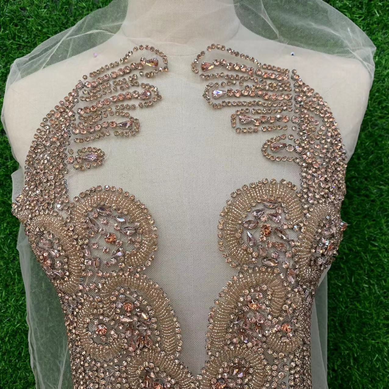 Gold front hand-stitched beaded wedding dress brooch with mesh applique pic 13