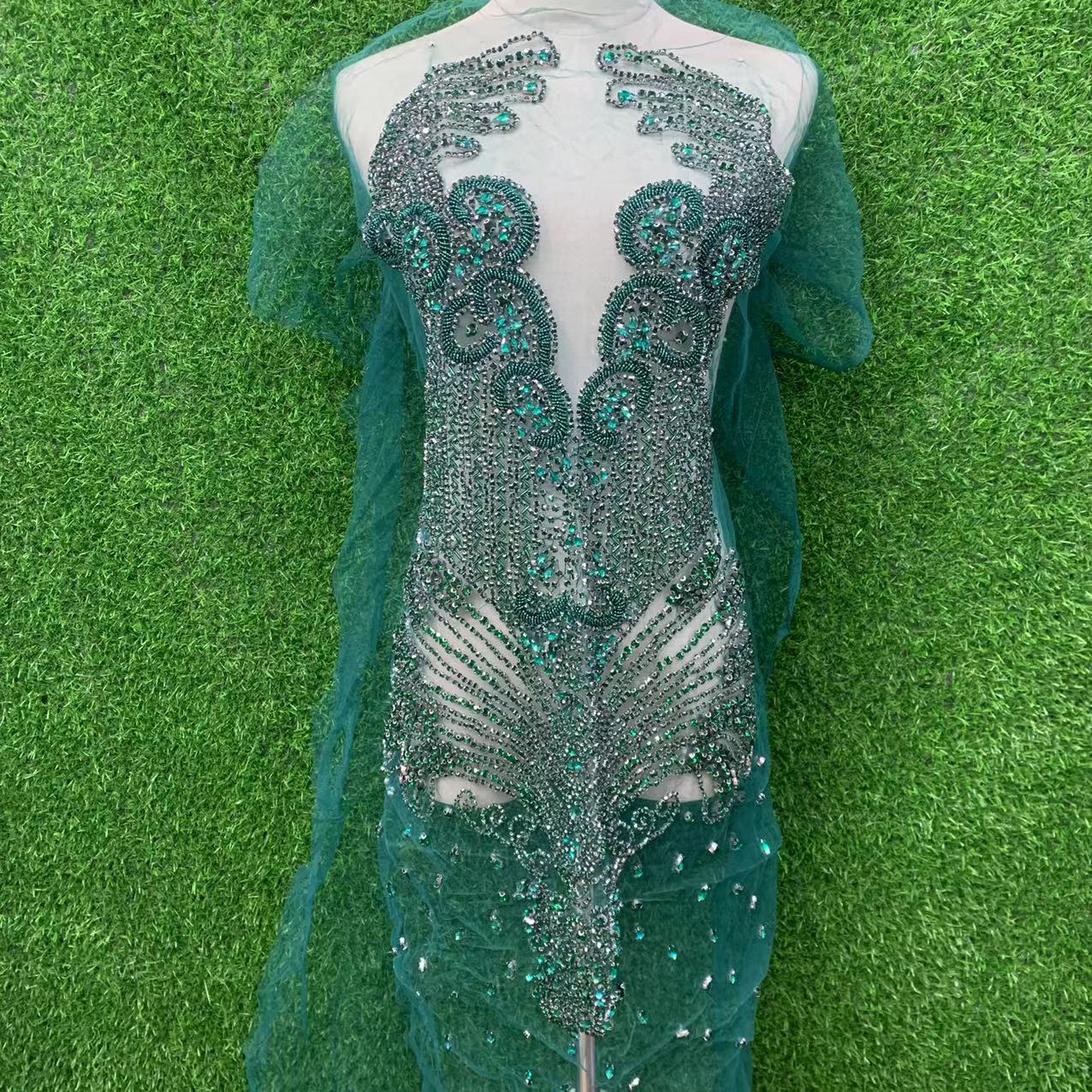 Gold front hand-stitched beaded wedding dress brooch with mesh applique pic 7