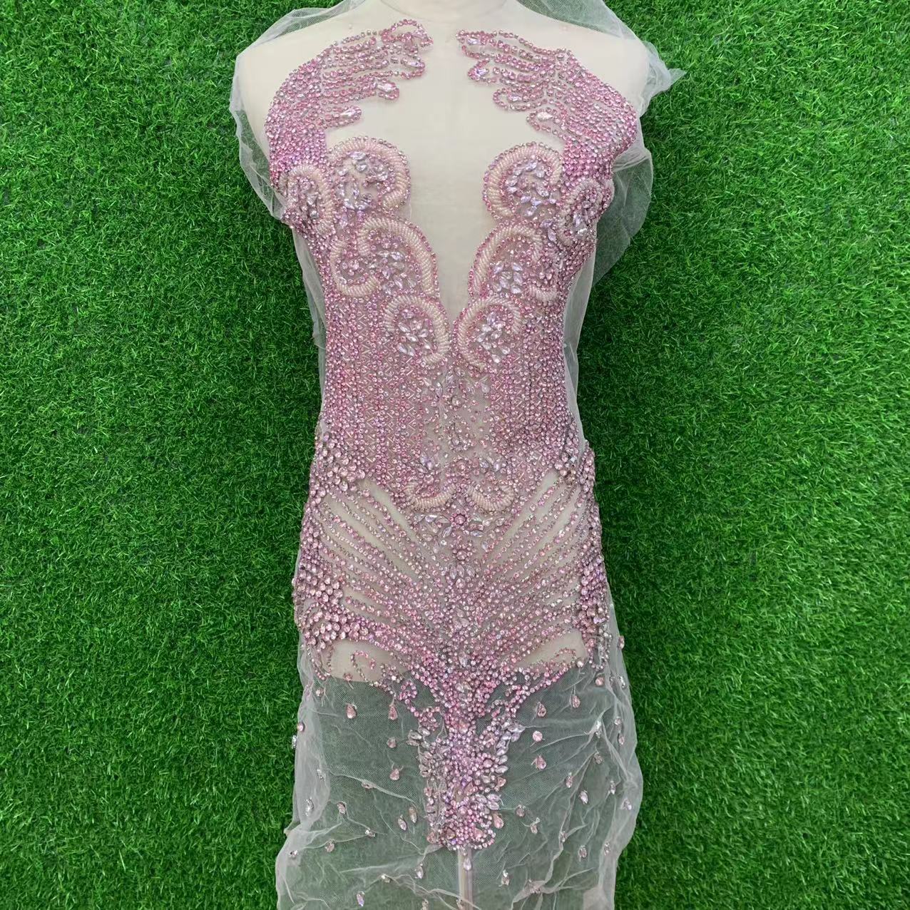 Gold front hand-stitched beaded wedding dress brooch with mesh applique pic 9
