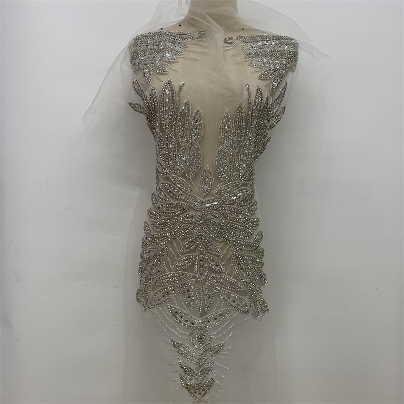 Heavy hand-stitched beaded wedding dress and formal wear mesh applique