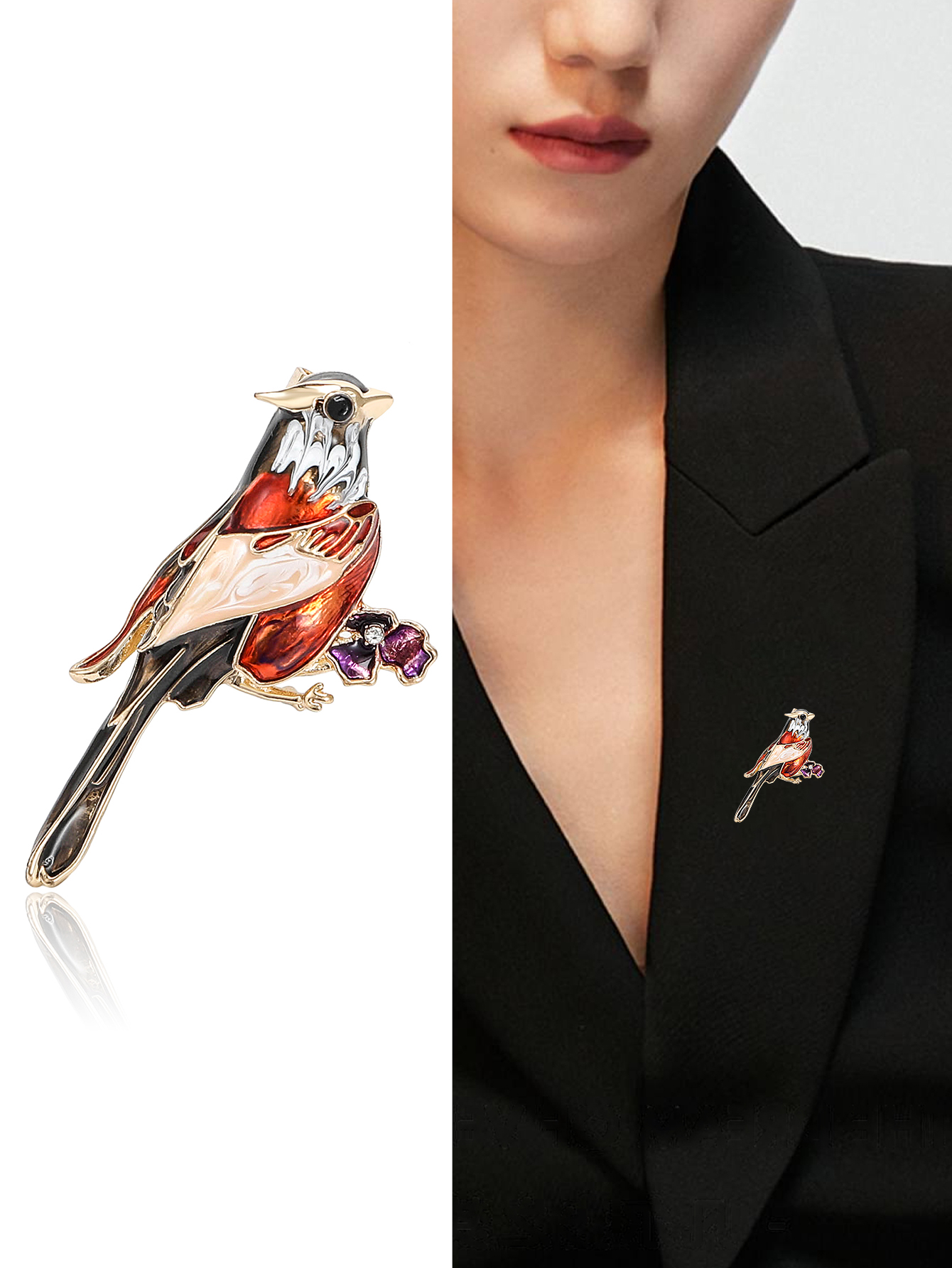 New fashionable enamel oil bird professional brooch water diamond hairdresser Korean style brooch, fashionable and niche design, high-end light luxury simple stainless steel waterproof, sweat-proof and non-fading brooch