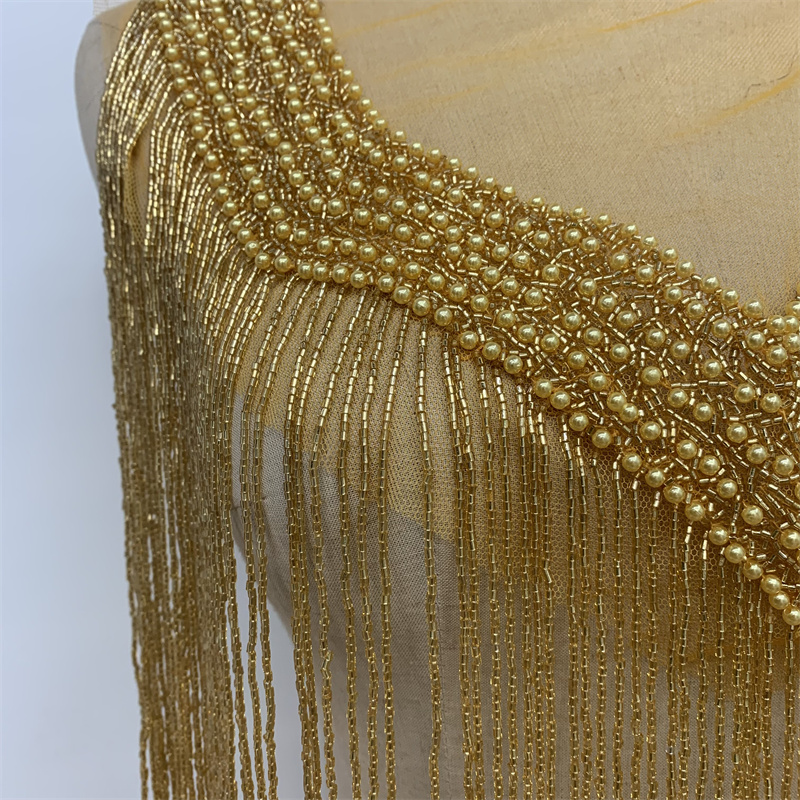 Gold hand-stitched beaded tassels, gauze applique, wedding dress, evening gown, dance dress, clothing accessories details Picture