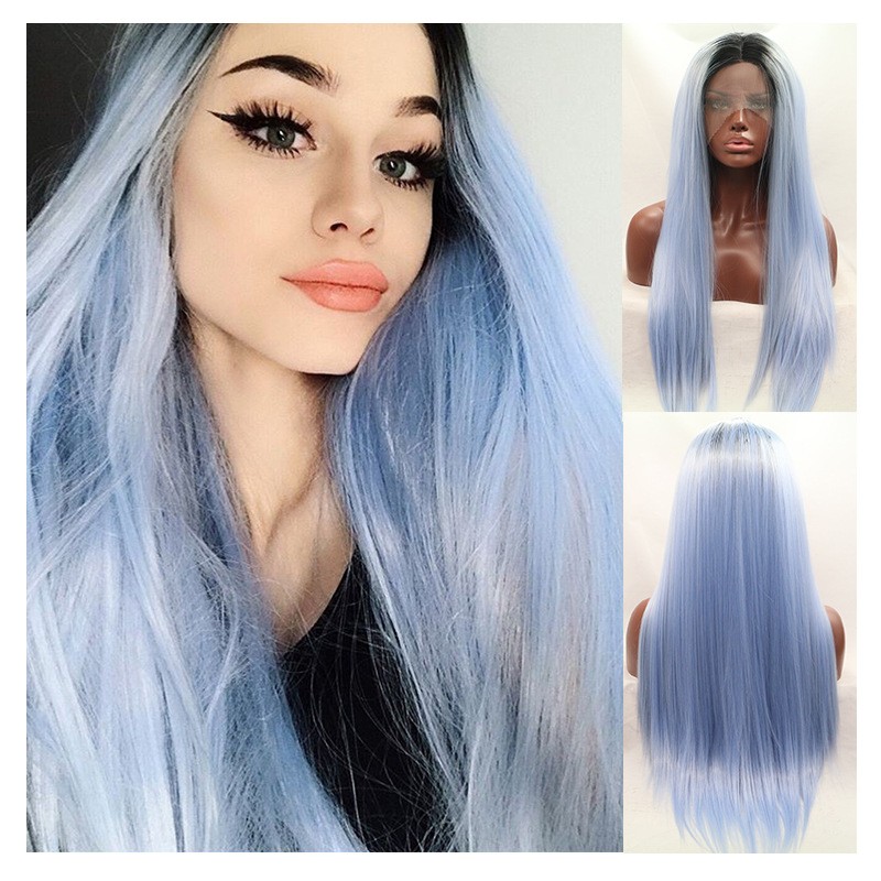 newlook for cross-border trade: Long straight hair in gradient blue hand-woven lace synthetic fiber wigs pic 9