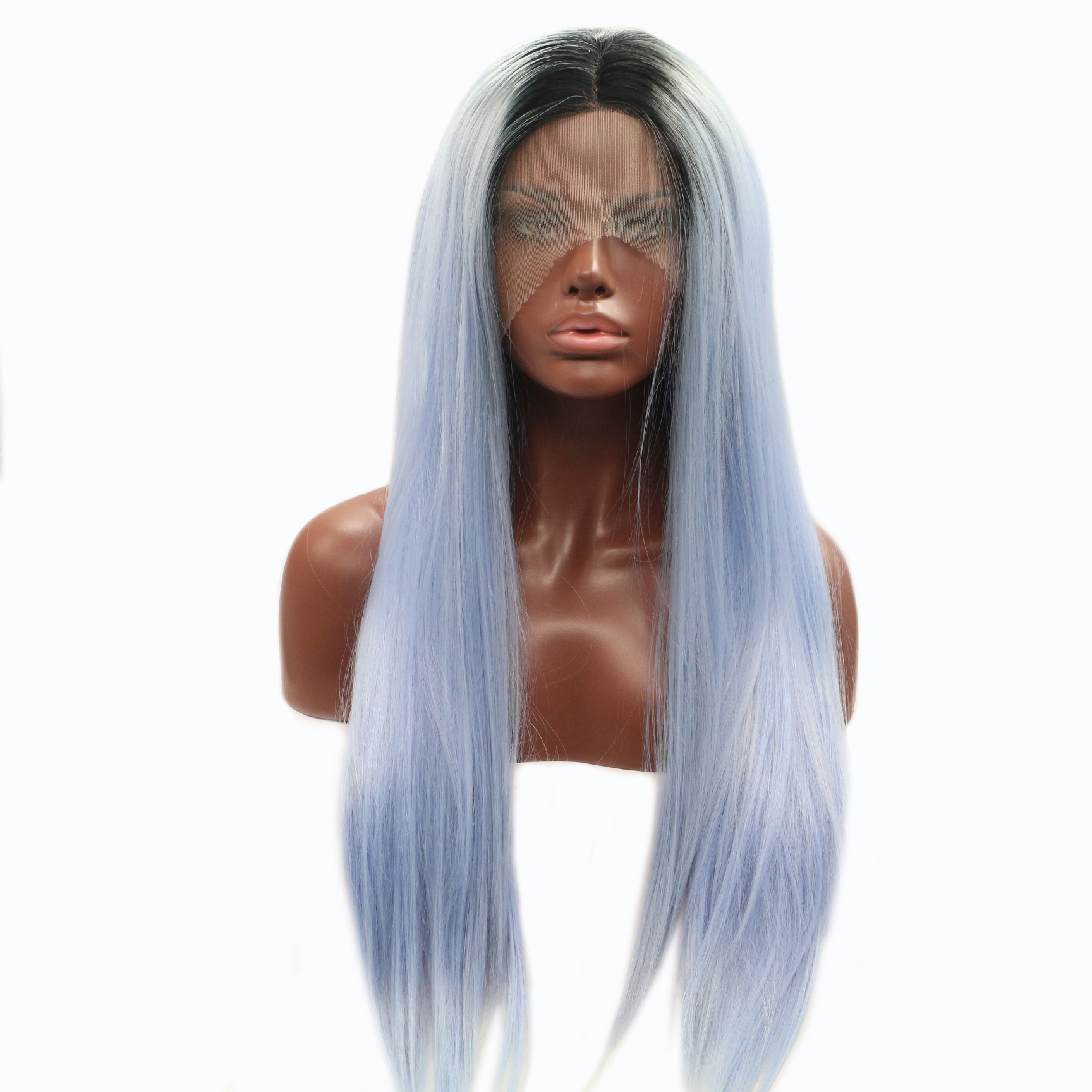 newlook for cross-border trade: Long straight hair in gradient blue hand-woven lace synthetic fiber wigs pic 10