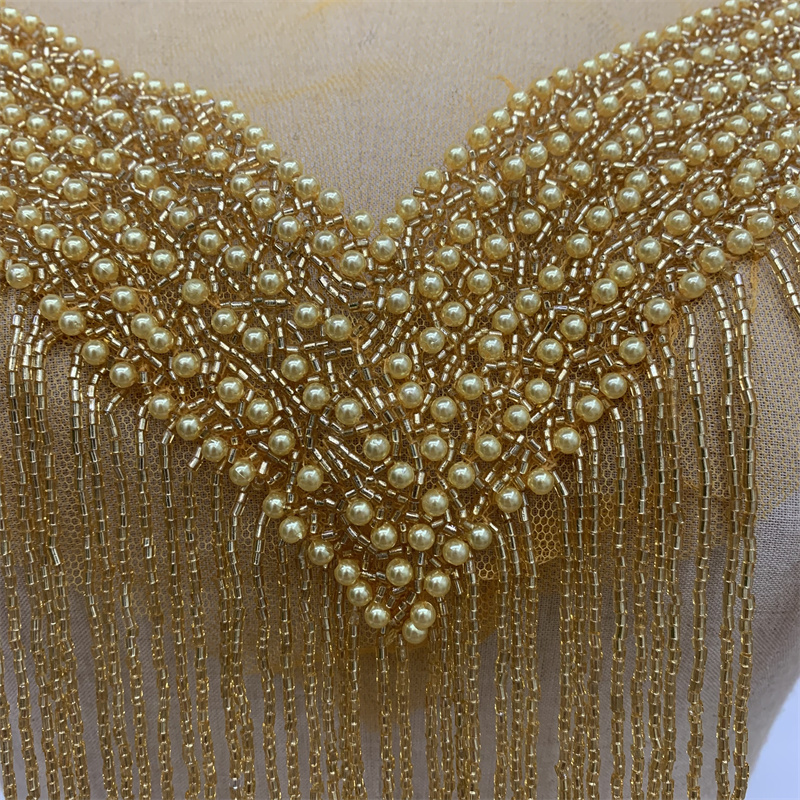 Gold hand-stitched beaded tassels, gauze applique, wedding dress, evening gown, dance dress, clothing accessories Application Scenario