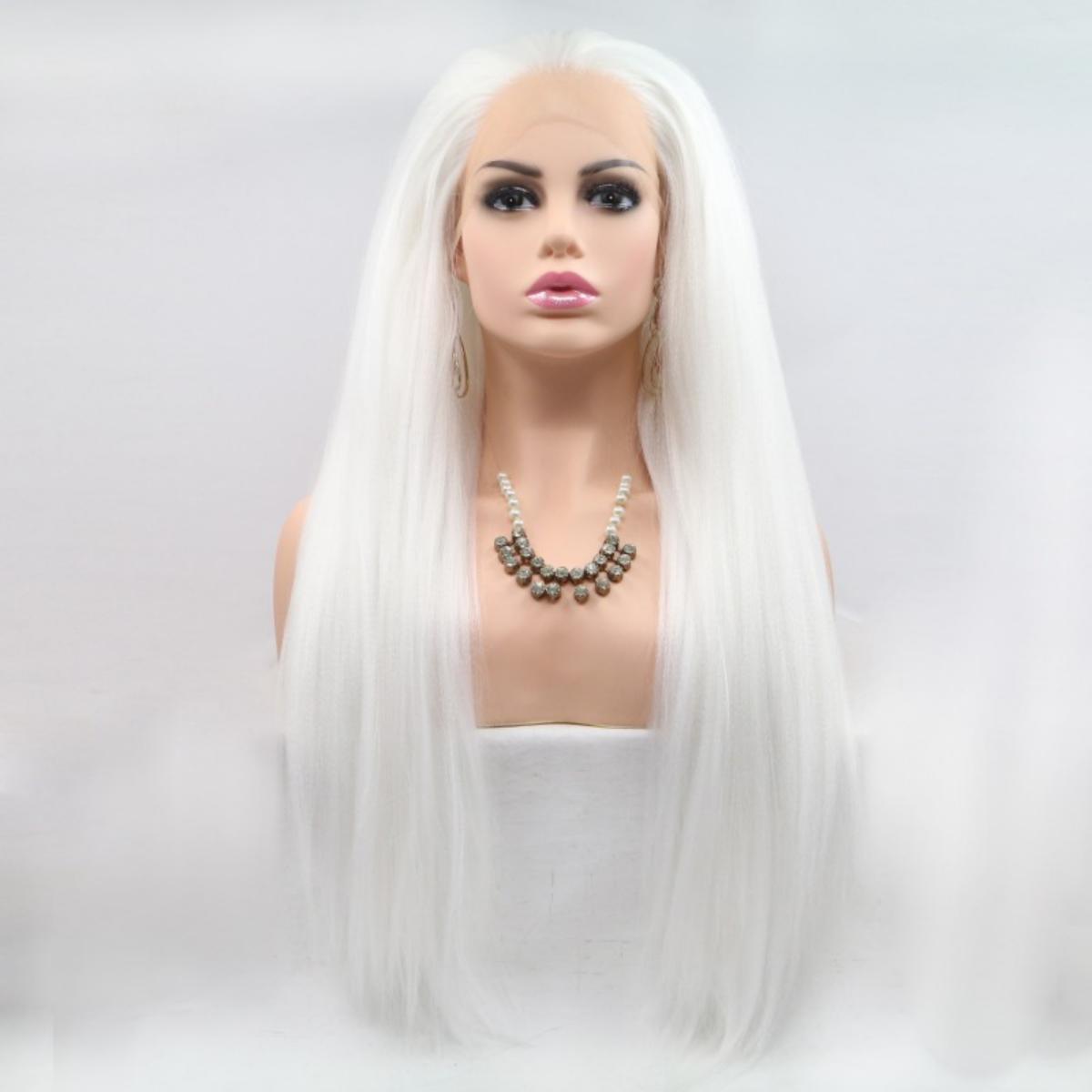 Natural fluffy wig foreign trade cross-border hand-woven front lace chemical fiber white medium long straight wig wig cover wig glue