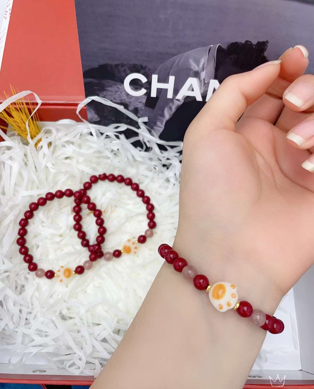 Crystal Pearl Jewelry Charcoal Burnt Cat Claws Vermilion Red Over The New Year Bracelet Item Picture