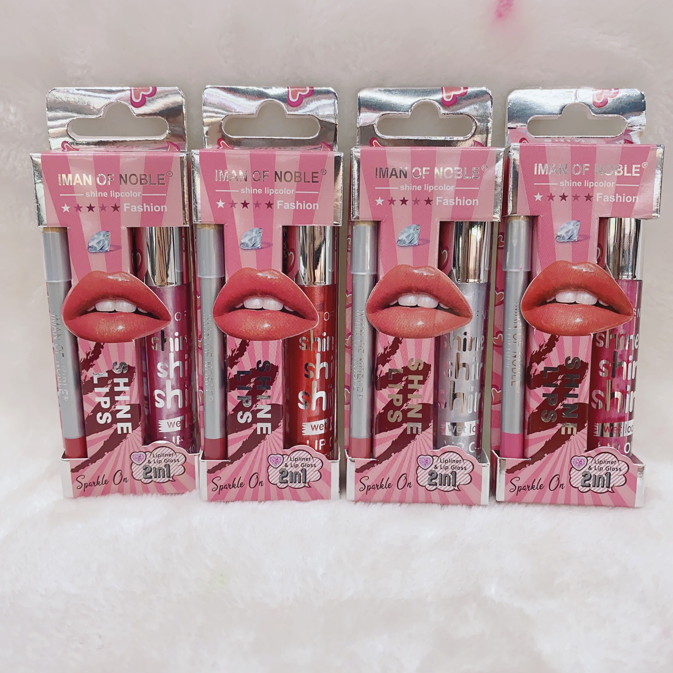 IMAN品牌新款/唇彩小套盒/唇彩唇线笔/试用装不沾杯/持妆不掉妆/珠光唇彩/滋润不沾杯白底实物图