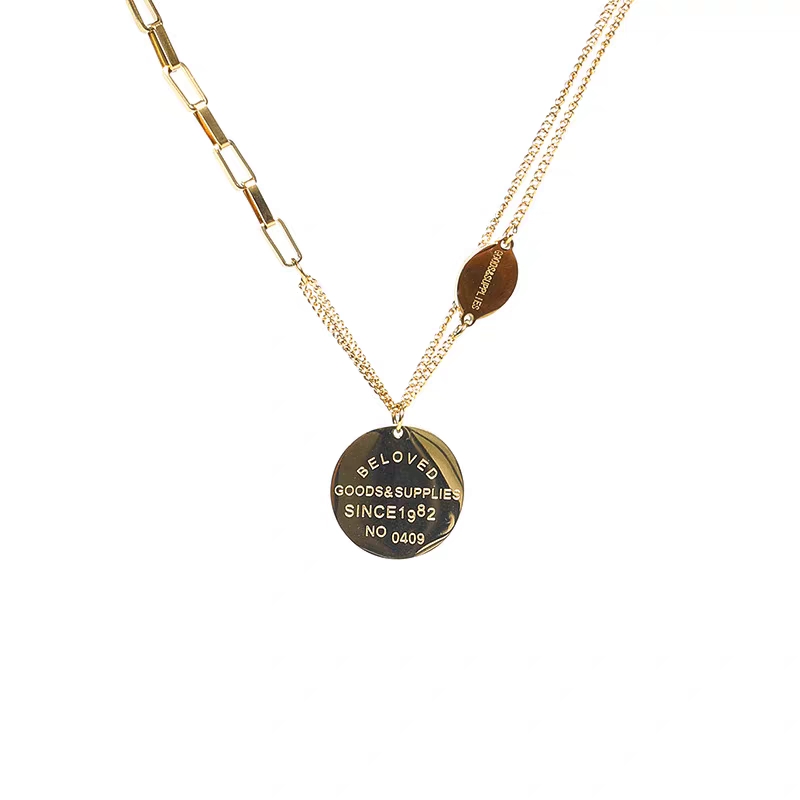 Titanium steel double-layer letter round plate necklace, women's retro light luxury niche design, cold style sweater chain, collarbone chain Specification image