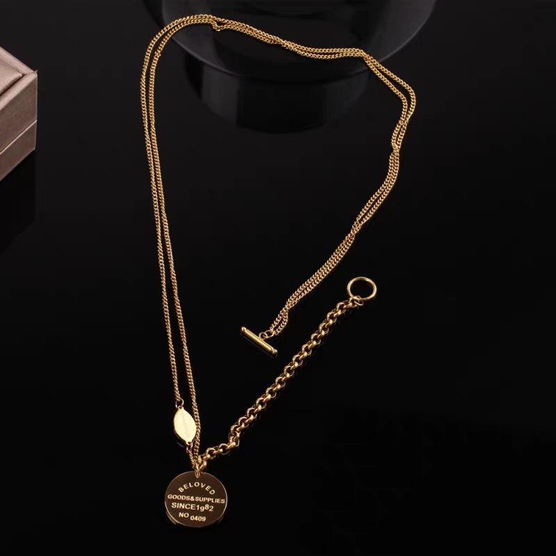 Titanium steel double-layer letter round plate necklace, women's retro light luxury niche design, cold style sweater chain, collarbone chain detail image 2