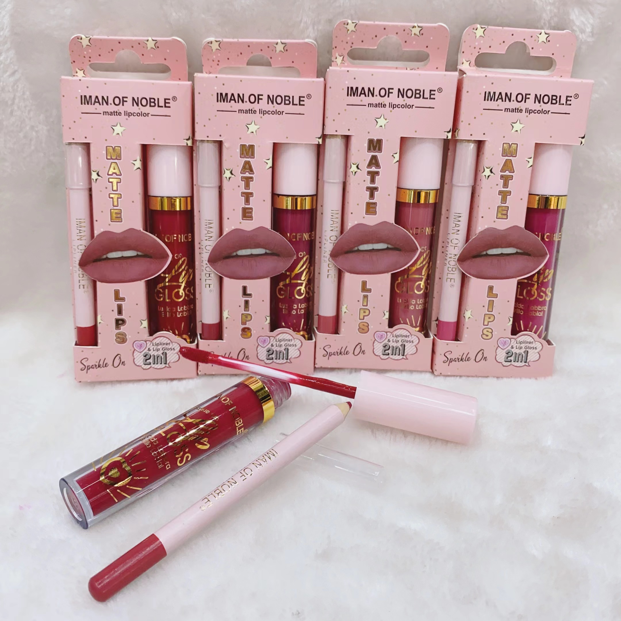IMAN品牌新款/唇彩小套盒/唇彩唇线笔/试用装不沾杯/持妆不掉妆白底实物图