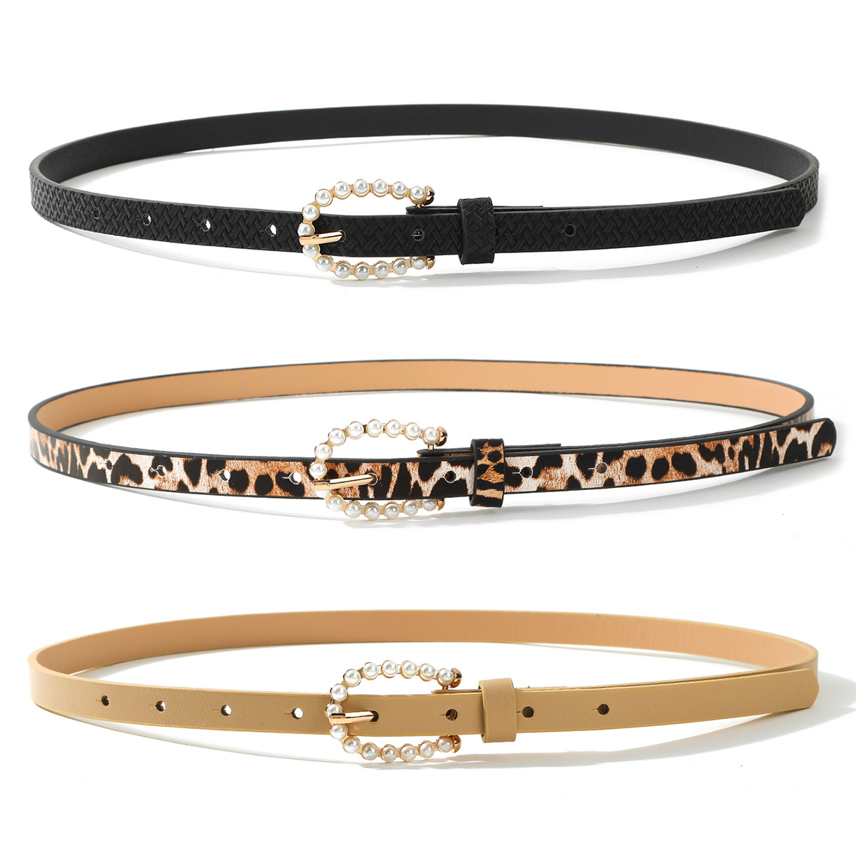 Pearl buckle pu women's dress with InS-style women's accessories, leopard print thin waist belt and leather strap