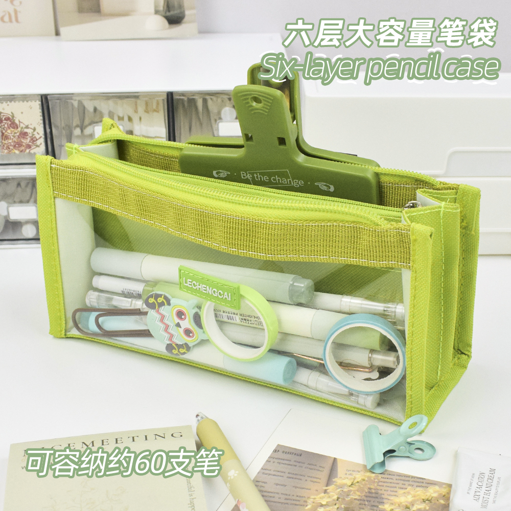 New Six-Layer Large Capacity Transparent Pen Bag Ins High Appearance Level Simple Cute Stationery Bag Pencil-Box For Primary School Students details Picture