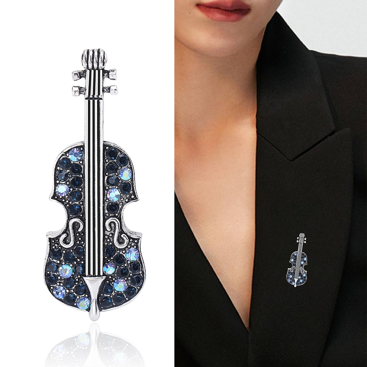High-end and exquisite violin brooch, retro full diamond instrument pin, elegant accessory for men's and women's suits, violin brooch, men's and women's accessory, high-end decoration, exquisite pin, secure clothes, anti-exposure button, brooch, retro