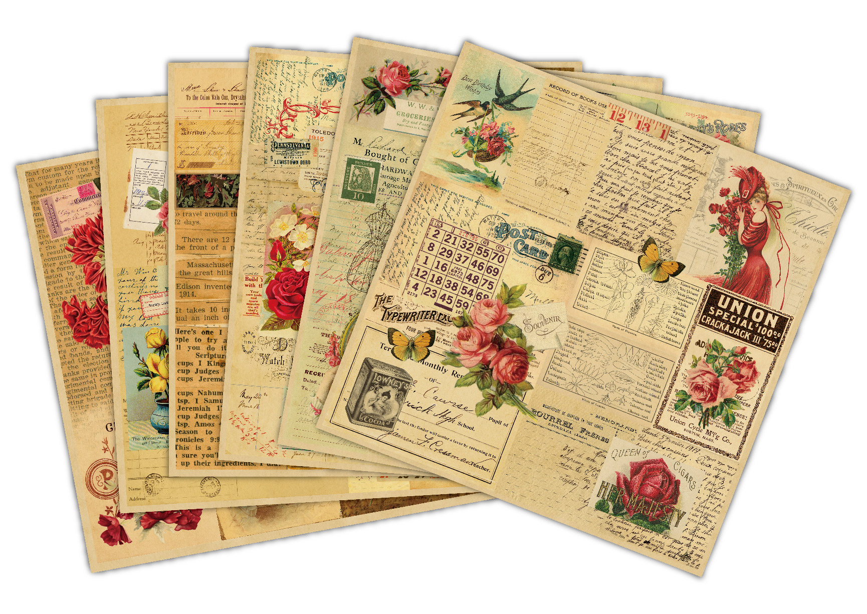 Vintage Collage Scrapbook Paper Pack, Antique Floral Retro Decorative Paper for Junk Journaling Card Making Paper Crafts - Vellum Pack - 12 sheets Specification drawing